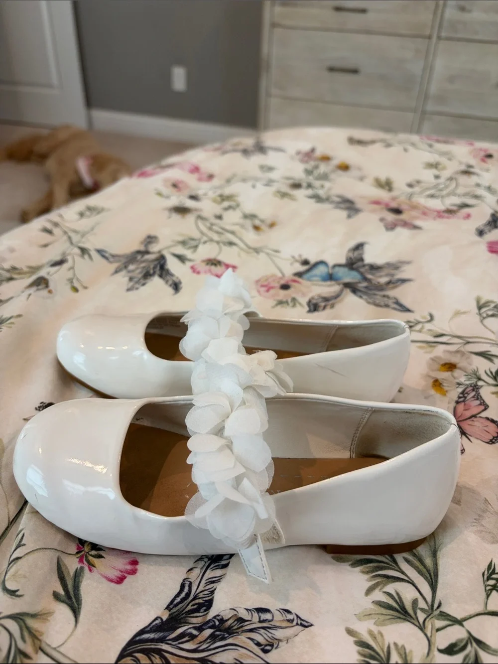 Girls' White Faux Patent Mary Jane Flats with Floral Strap